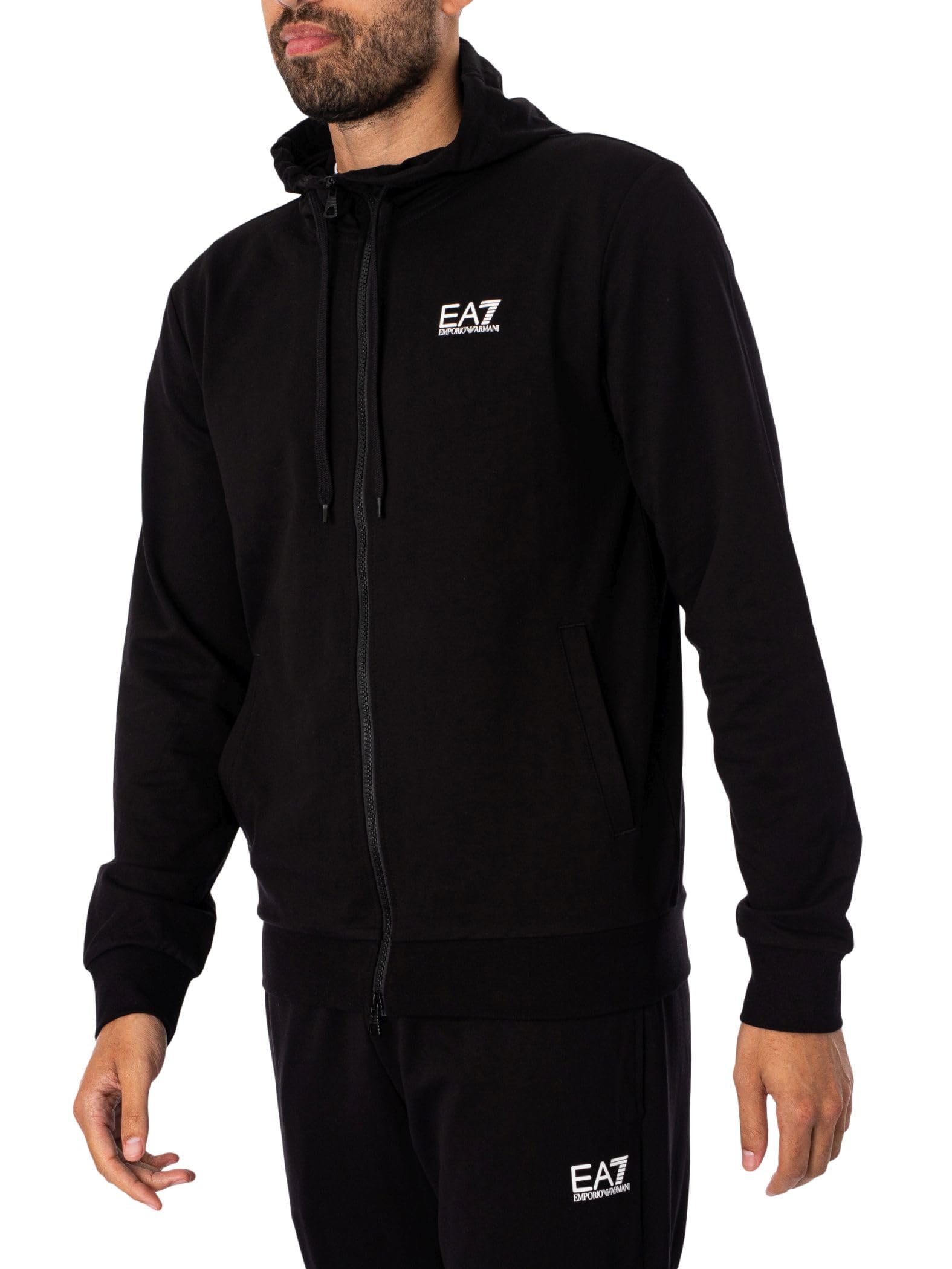 EA7 Men's Zip Hooded Tracksuit, Black/White, XXL