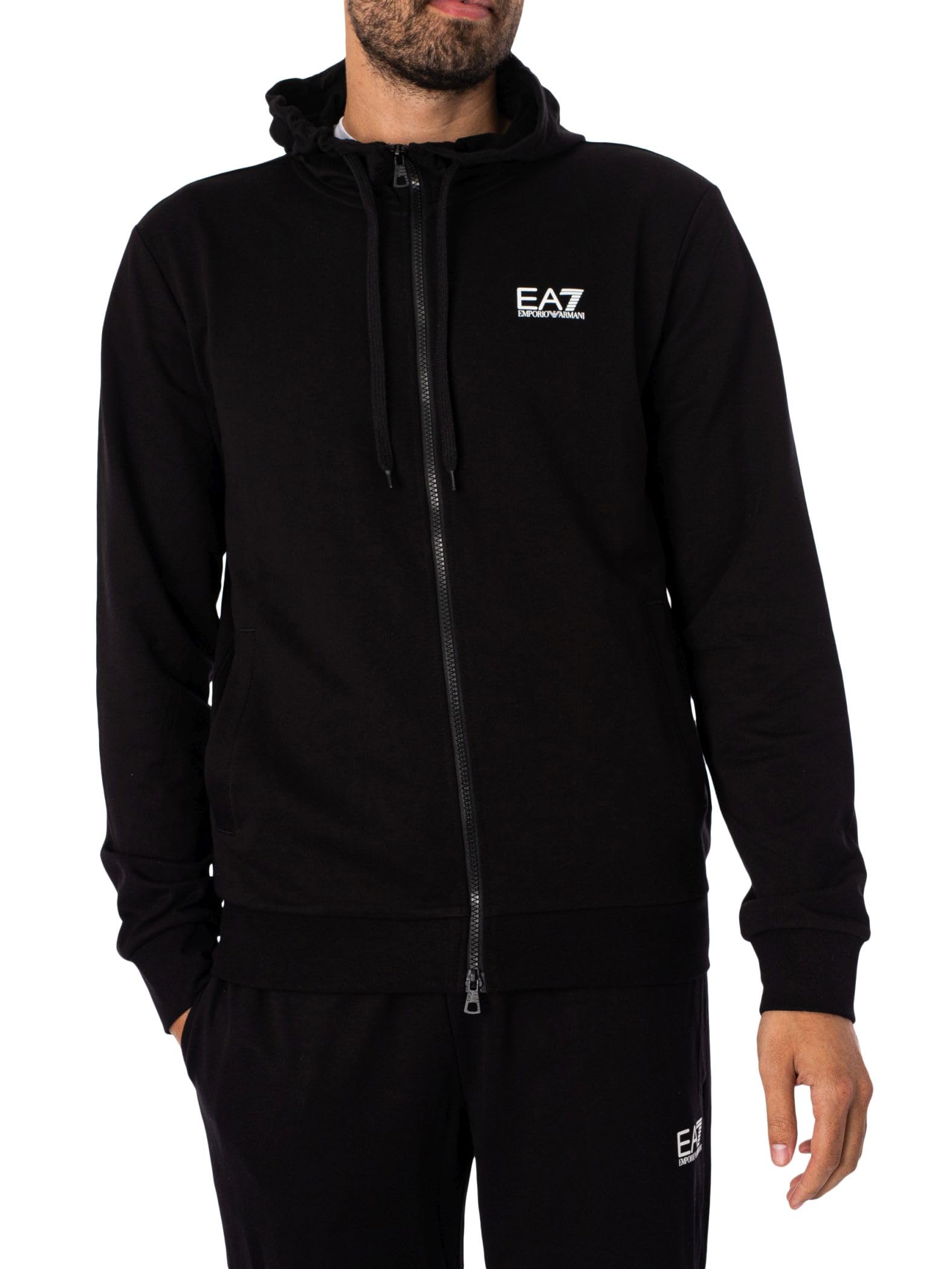 EA7 Men's Zip Hooded Tracksuit, Black/White, XXL