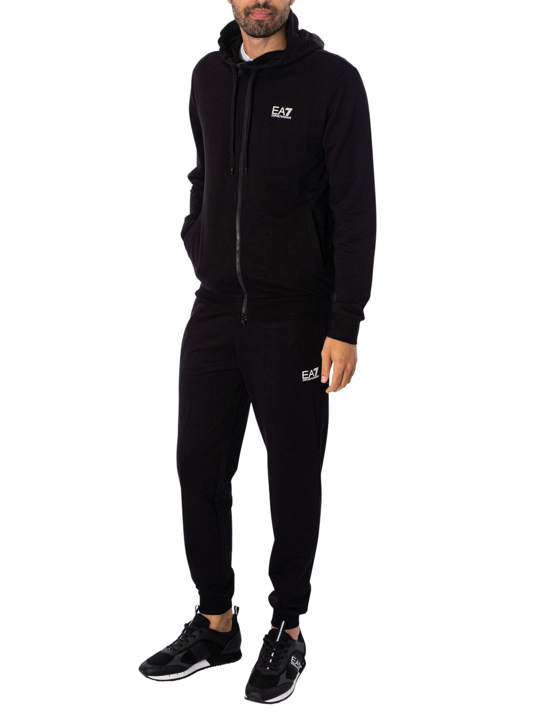 EA7 Men's Zip Hooded Tracksuit, Black/White, XXL