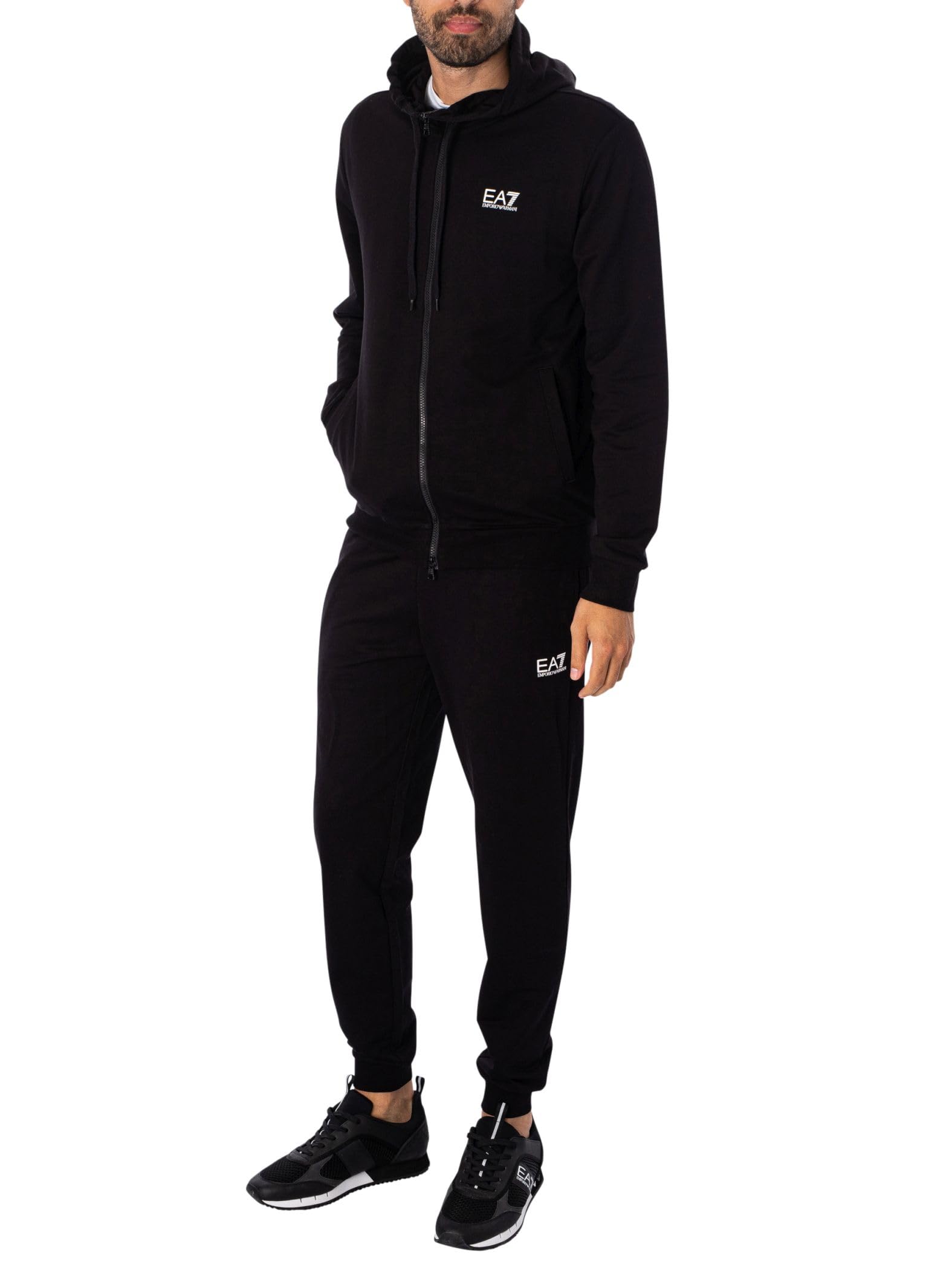 EA7 Men's Zip Hooded Tracksuit, Black/White, XXL