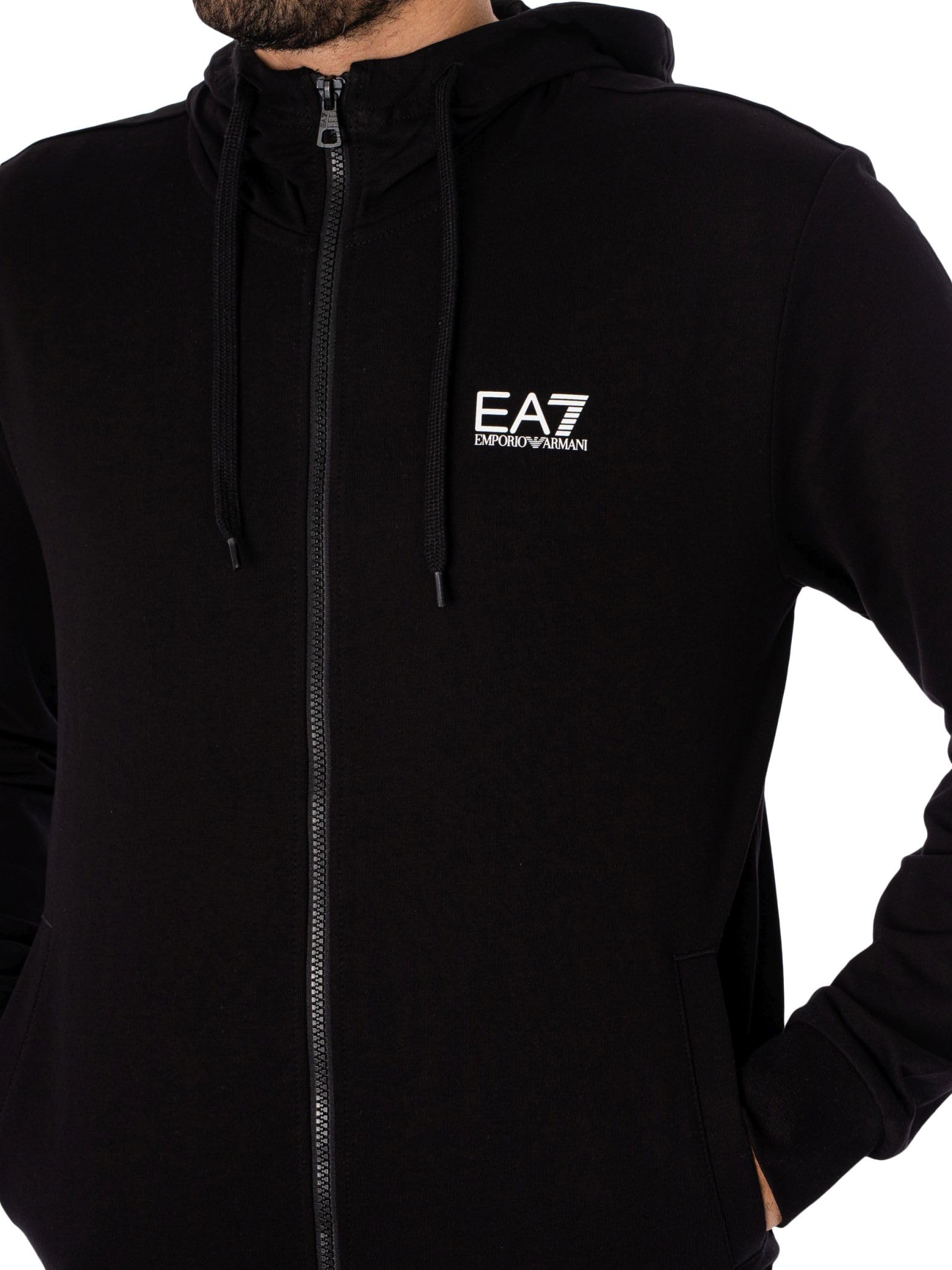 EA7 Men's Zip Hooded Tracksuit, Black/White, XXL