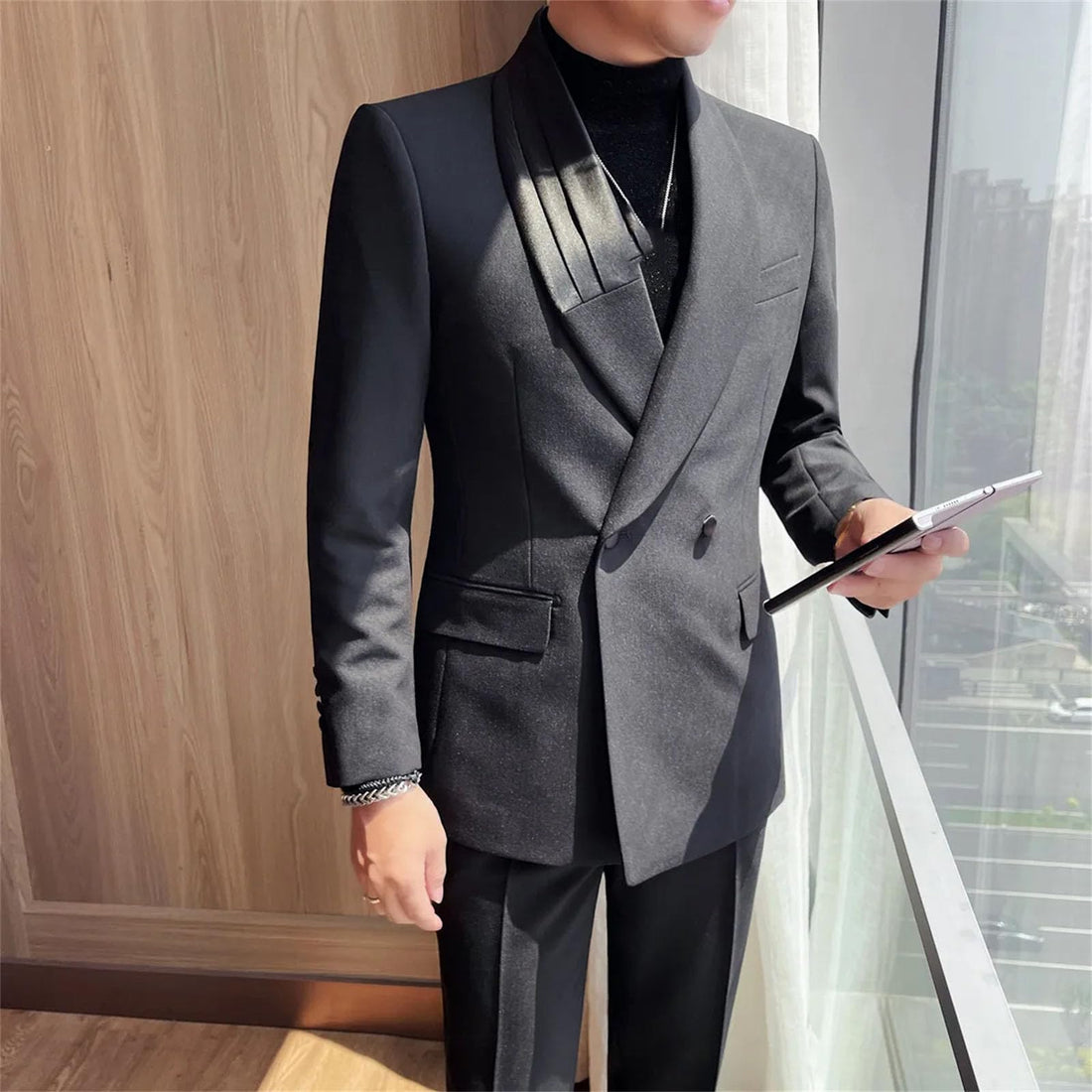 Men's Elegant Gentlemen Blazers Jacket Business Casual Double Breasted Slim Fit Suit Coats Formal